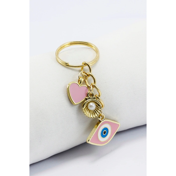 Pembe Nazar Boncuğu Gold Pembe Metal Kalp Küçük Anahtarlık, Minik Çanta Süsü