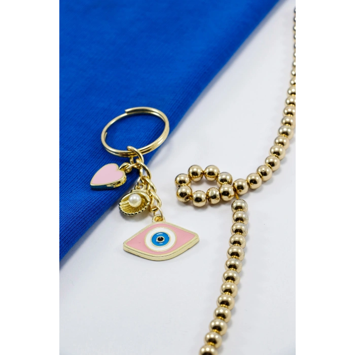 Pembe Nazar Boncuğu Gold Pembe Metal Kalp Küçük Anahtarlık, Minik Çanta Süsü