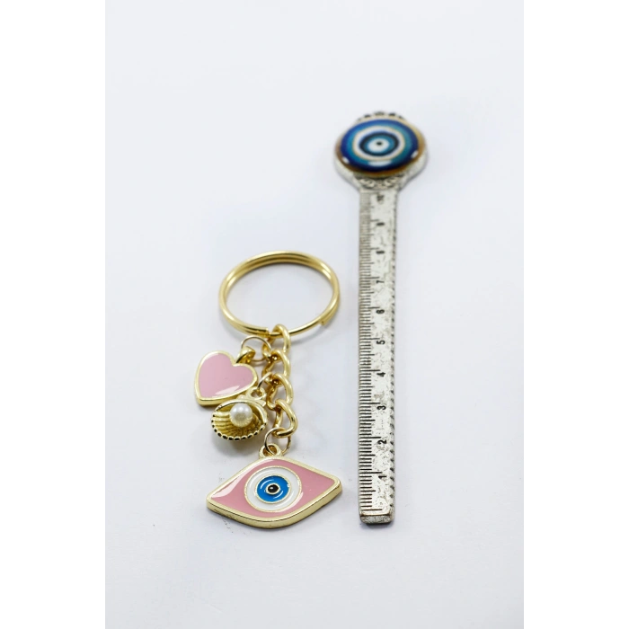 Pembe Nazar Boncuğu Gold Pembe Metal Kalp Küçük Anahtarlık, Minik Çanta Süsü