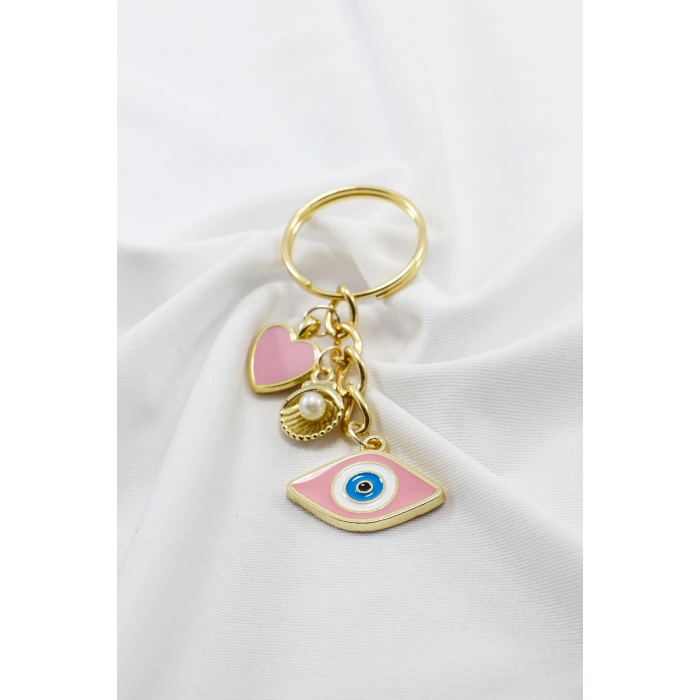 Pembe Nazar Boncuğu Gold Pembe Metal Kalp Küçük Anahtarlık, Minik Çanta Süsü