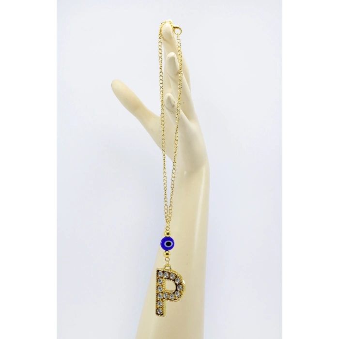 Gold Renkli Parlak Taşlı Yassı Cam Nazar Boncuklu P Harfi Araba Dikiz Ayna Süsü, Yeni Araba Hediyesi