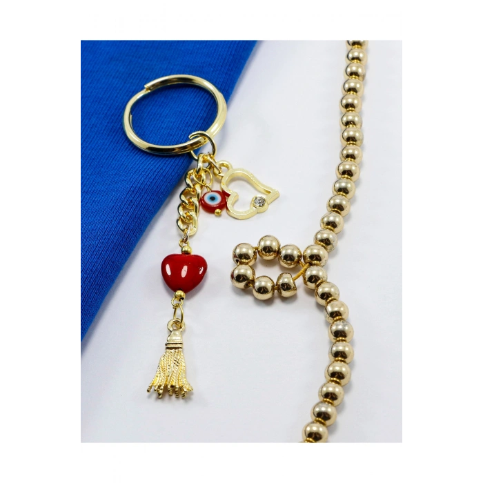 Kırmızı Cam Kalpli Gold Renkli Metal Anahtarlık /Minik Çanta Süsü Sevgililer Günü