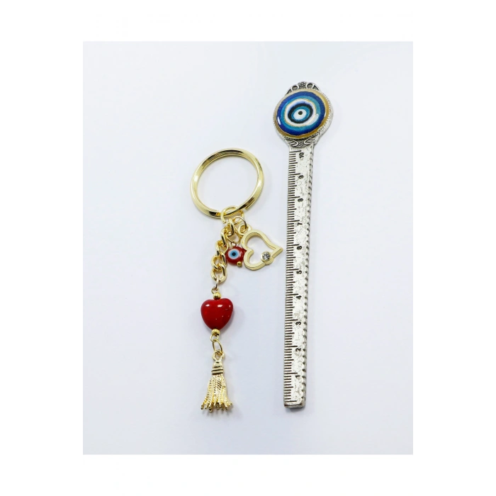 Kırmızı Cam Kalpli Gold Renkli Metal Anahtarlık /Minik Çanta Süsü Sevgililer Günü