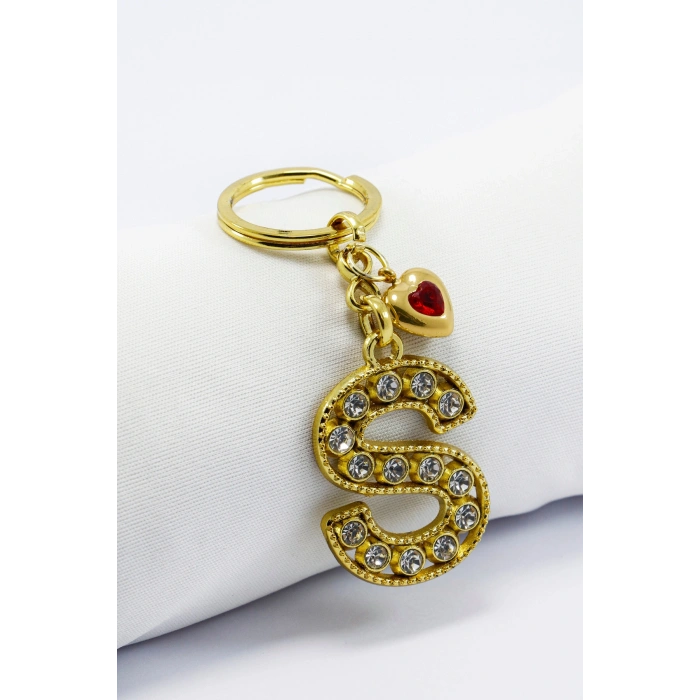 Kırmızı Parlak Kalpli Gold Renkli Kristal Taşlı Metal S Harfi Anahtarlık /Minik Çanta Süsü