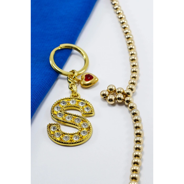 Kırmızı Parlak Kalpli Gold Renkli Kristal Taşlı Metal S Harfi Anahtarlık /Minik Çanta Süsü