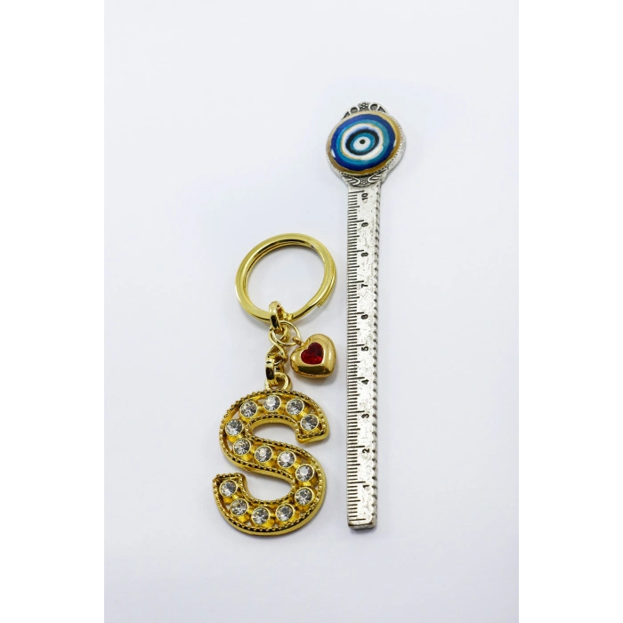 Kırmızı Parlak Kalpli Gold Renkli Kristal Taşlı Metal S Harfi Anahtarlık /Minik Çanta Süsü