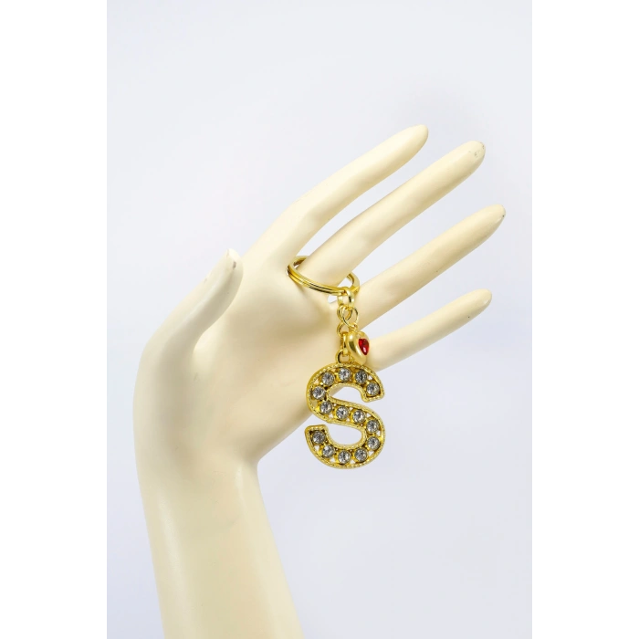 Kırmızı Parlak Kalpli Gold Renkli Kristal Taşlı Metal S Harfi Anahtarlık /Minik Çanta Süsü