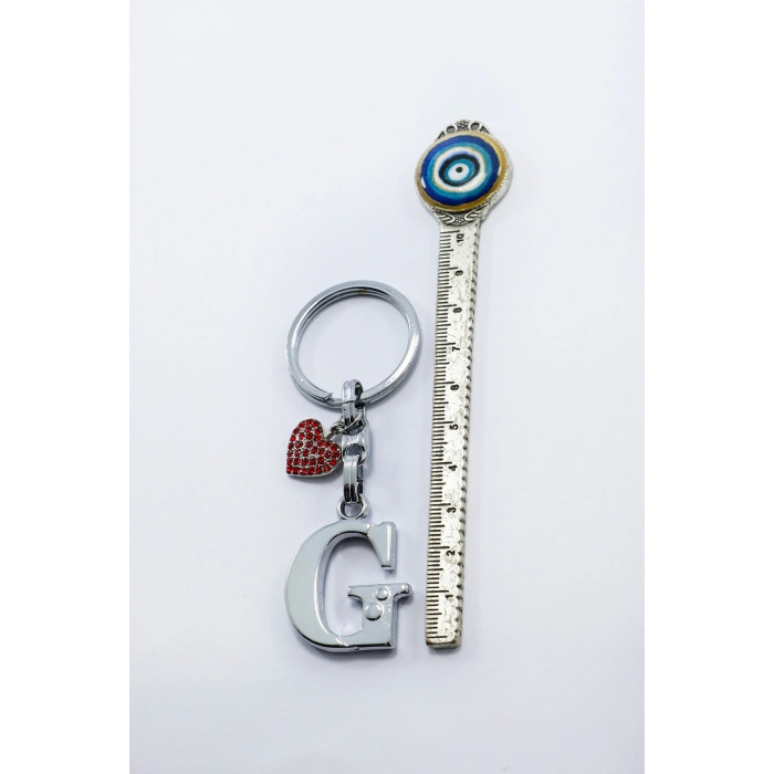 Kırmızı Parlak Kalpli Gümüş Renkli Metal G Harfi Anahtarlık /Minik Çanta Süsü
