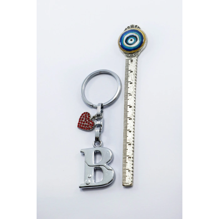 Kırmızı Parlak Kalpli Gümüş Renkli Metal B Harfi Anahtarlık /Minik Çanta Süsü