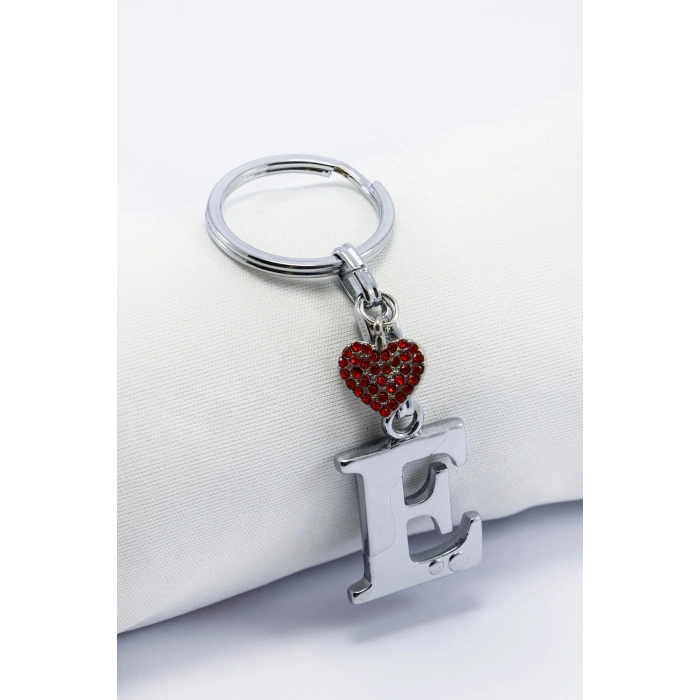 Kırmızı Parlak Kalpli Gümüş Renkli Metal E Harfi Anahtarlık /Minik Çanta Süsü
