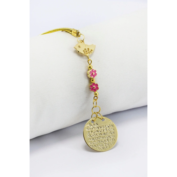 Metal Kuş Pembe Çiçekler Gold Renkli Metal Ayetel Kürsi Araba Dikiz Ayna Süsü