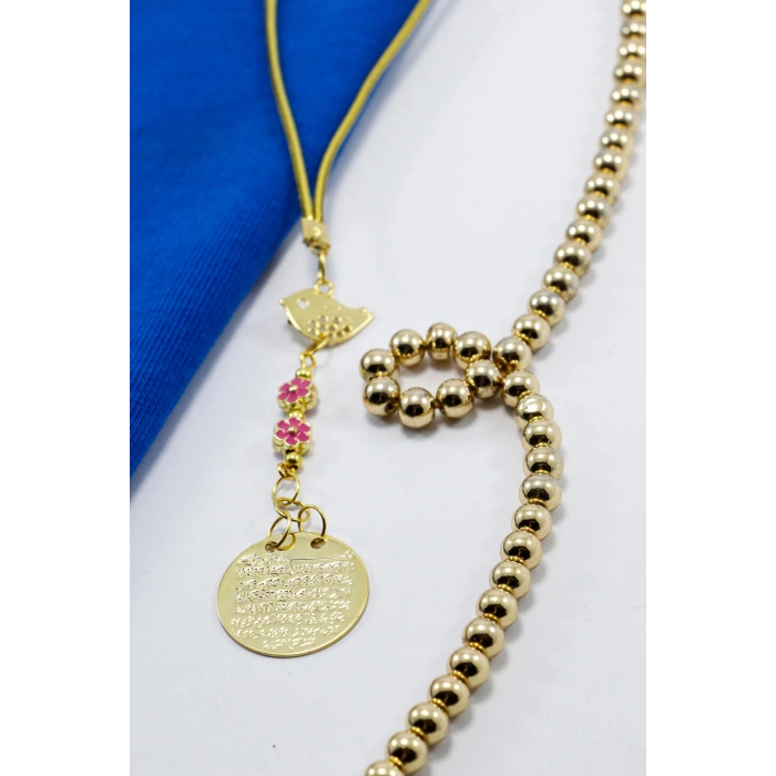 Metal Kuş Pembe Çiçekler Gold Renkli Metal Ayetel Kürsi Araba Dikiz Ayna Süsü