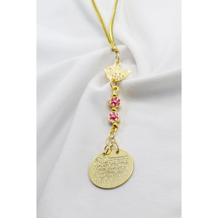 Metal Kuş Pembe Çiçekler Gold Renkli Metal Ayetel Kürsi Araba Dikiz Ayna Süsü