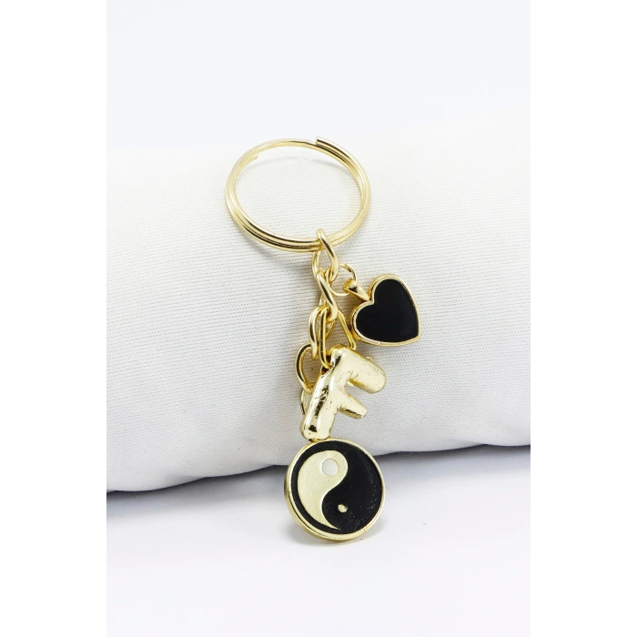 Metal Yin Yang Siyah Kalp Gold Renkli Küçük Metal Anahtarlık, Bombe F Harfi ÇAnta Süsü