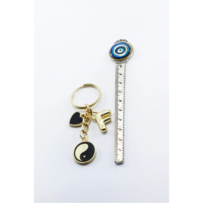 Metal Yin Yang Siyah Kalp Gold Renkli Küçük Metal Anahtarlık, Bombe F Harfi ÇAnta Süsü