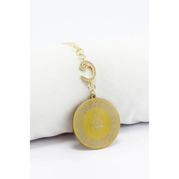 Zirkon Vav 316L Çelik Ayetel Kürsi Nazar Ayeti Zincirli Araba Dikiz Ayna Süsü Gold Renkli
