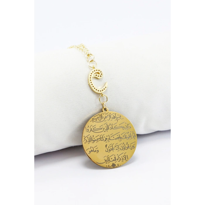 Zirkon Vav 316L Çelik Ayetel Kürsi Nazar Ayeti Zincirli Araba Dikiz Ayna Süsü Gold Renkli