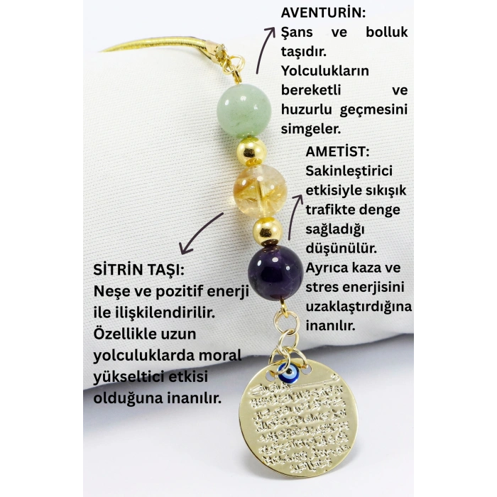 Metal Gold Renkli Ayetel Kürsi Dualı Araba Dikiz Ayna Süsü, Doğaltaş Ametist, Sitrin Taşı, Aventurin