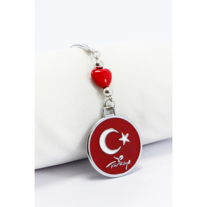 Dikiz Ayna Süsü, Metal Kırmızı Yuvarlak Türk Bayrağı, Kırmızı Cam Kalpli