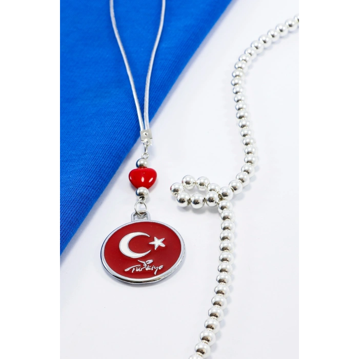 Dikiz Ayna Süsü, Metal Kırmızı Yuvarlak Türk Bayrağı, Kırmızı Cam Kalpli