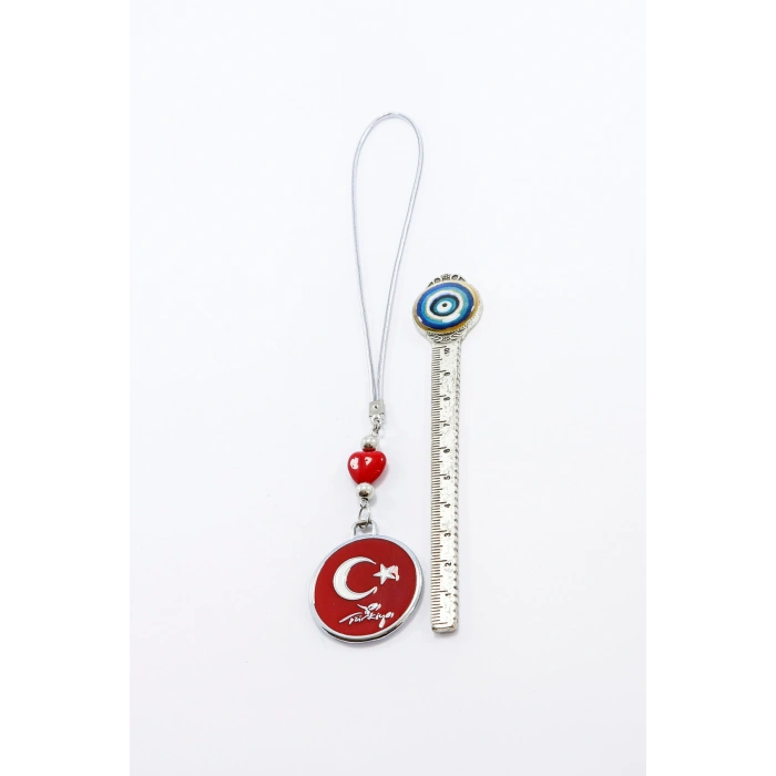 Dikiz Ayna Süsü, Metal Kırmızı Yuvarlak Türk Bayrağı, Kırmızı Cam Kalpli
