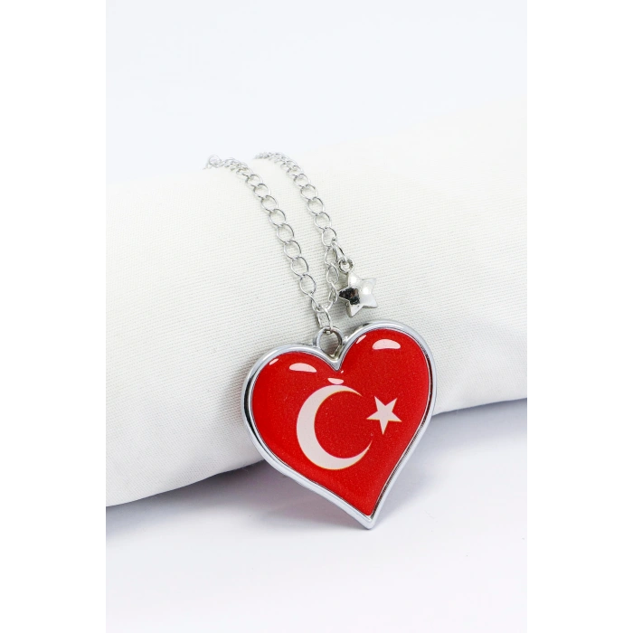Dikiz Ayna Süsü, Çift Taraflı Metal Kırmızı Kalpli Türk Bayrağı, Metal Yıldız Detaylı Zincirli