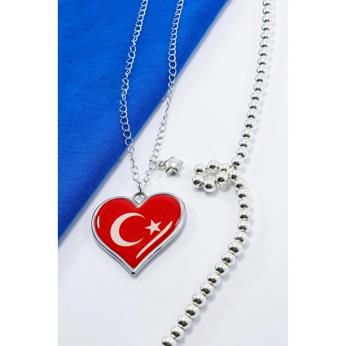 Dikiz Ayna Süsü, Çift Taraflı Metal Kırmızı Kalpli Türk Bayrağı, Metal Yıldız Detaylı Zincirli