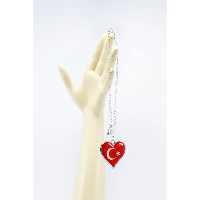 Dikiz Ayna Süsü, Çift Taraflı Metal Kırmızı Kalpli Türk Bayrağı, Metal Yıldız Detaylı Zincirli