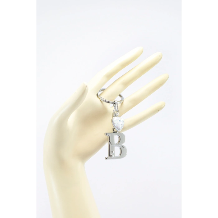 Gümüş Renkli Metal B Harfi Anahtarlık, Parlak Yıldızlı Metal Kalp