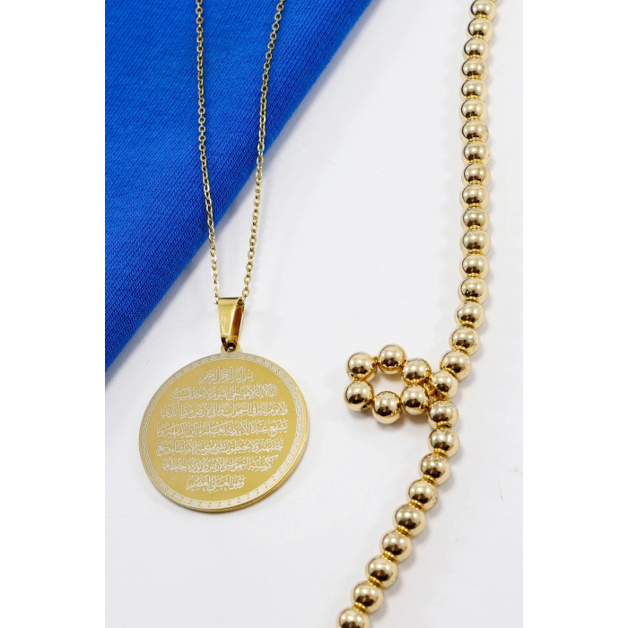 Gold 316L Çelik Kolye Lazer Kazıma Önde Ayetel Kürsi Arkada Felak Nas İhlas 3cm