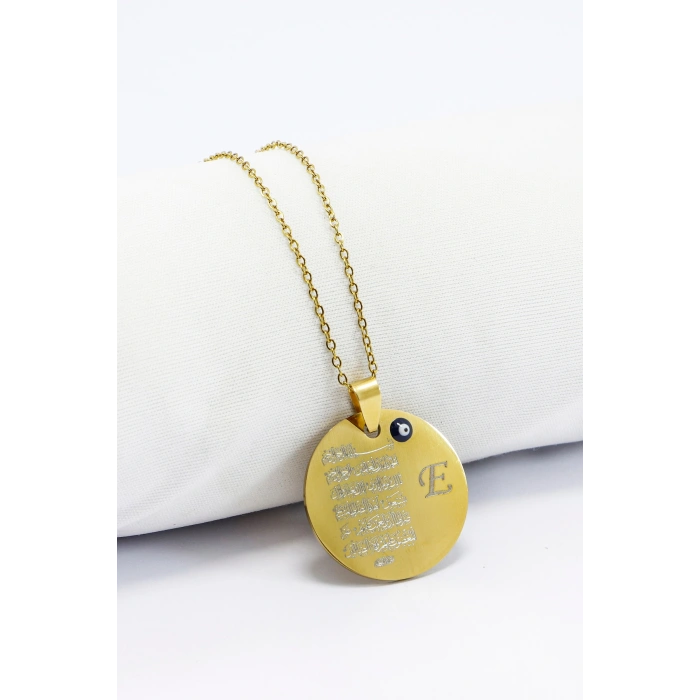 Gold 316L Kişiselleştirilebilir Çelik Kolye Lazer Kazıma Önde Fatiha Arkada Ayetel Kürsi 3cm