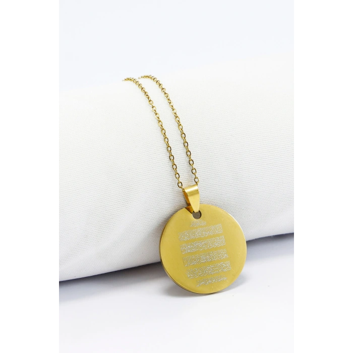 Gold 316L Kişiselleştirilebilir Çelik Kolye Lazer Kazıma Önde Fatiha Arkada Ayetel Kürsi 3cm