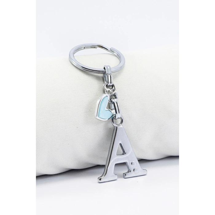 Gümüş Renkli Metal A Harfi Anahtarlık, Pastel Açık Mavi Metal Kalp