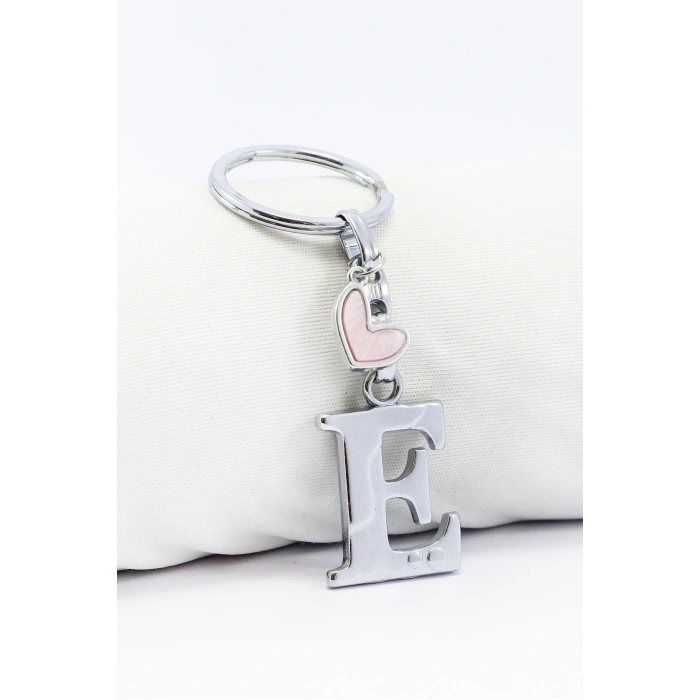 Gümüş Renkli Metal E Harfi Anahtarlık, Pastel Açık Pembe Modern Stil Metal Kalp
