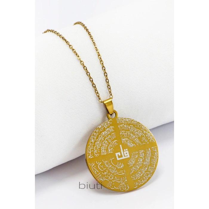 Paslanmaz 316L Gold Çelik Kolye Lazer Kazıma Önde Dört Kul Ayet Arkada Ayetel Kürsi Yazılı Kolye 3cm