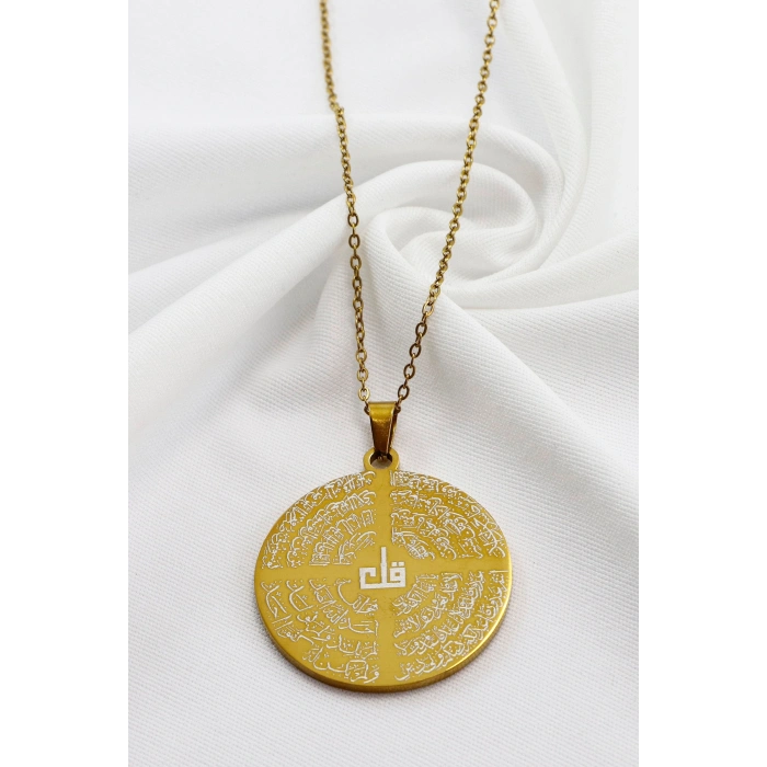 Paslanmaz 316L Gold Çelik Kolye Lazer Kazıma Önde Dört Kul Ayet Arkada Ayetel Kürsi Yazılı Kolye 3cm