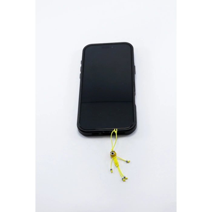 El yapımı Cam Sarı Nazar Boncuklu İpten Çöp Adam, Telefon Çanta Süsü
