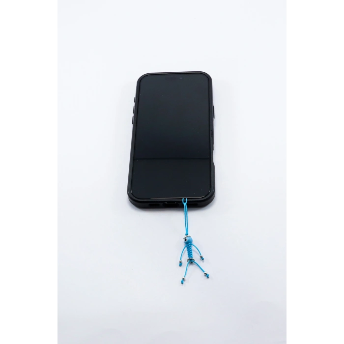 El yapımı Cam Bebe Mavisi Nazar Boncuklu İpten Çöp Adam, Telefon Çanta Süsü