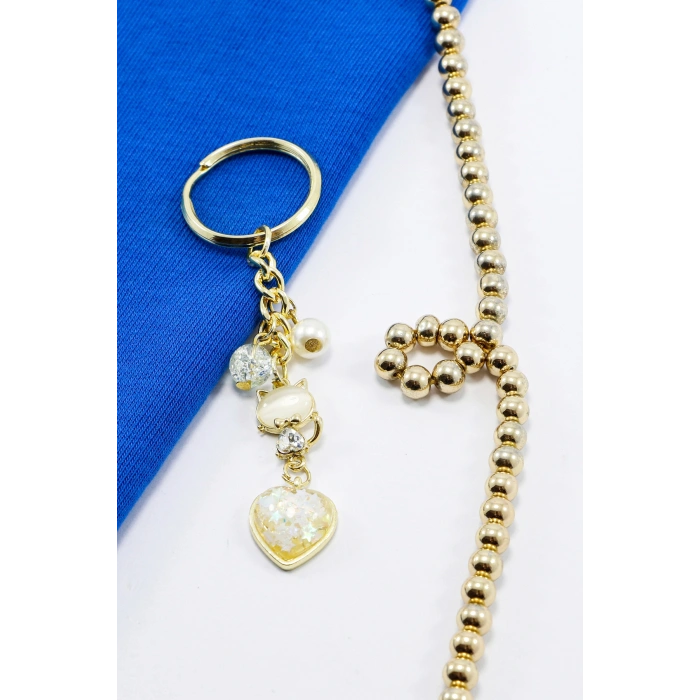 Necef Taşlı İncili Parlak Taşlı Gold Renkli Metal Kedicik Anahtarlık, Sevimli Minik Charm