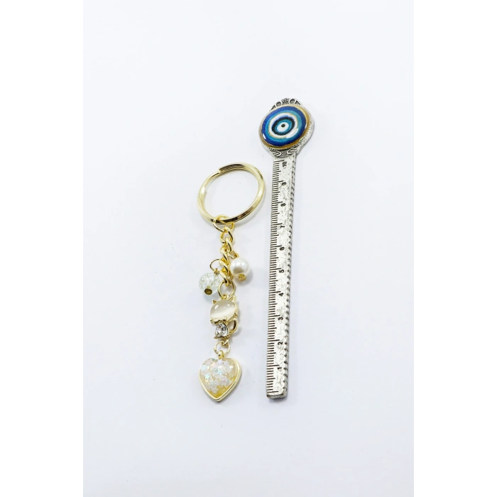 Necef Taşlı İncili Parlak Taşlı Gold Renkli Metal Kedicik Anahtarlık, Sevimli Minik Charm