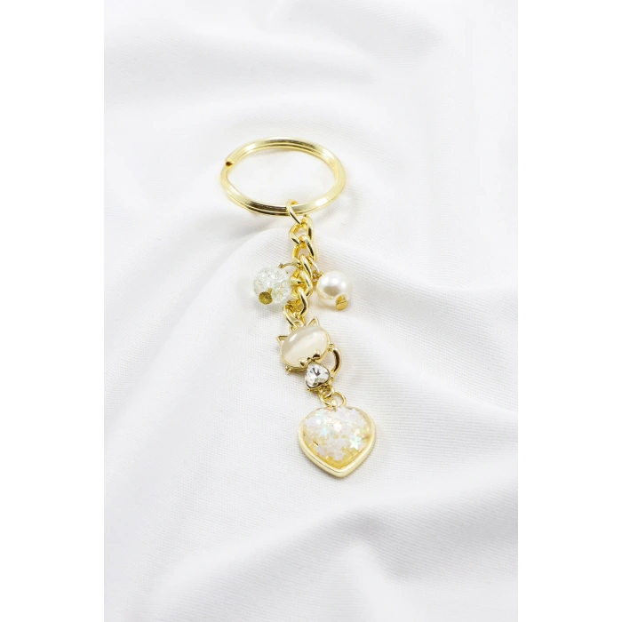 Necef Taşlı İncili Parlak Taşlı Gold Renkli Metal Kedicik Anahtarlık, Sevimli Minik Charm