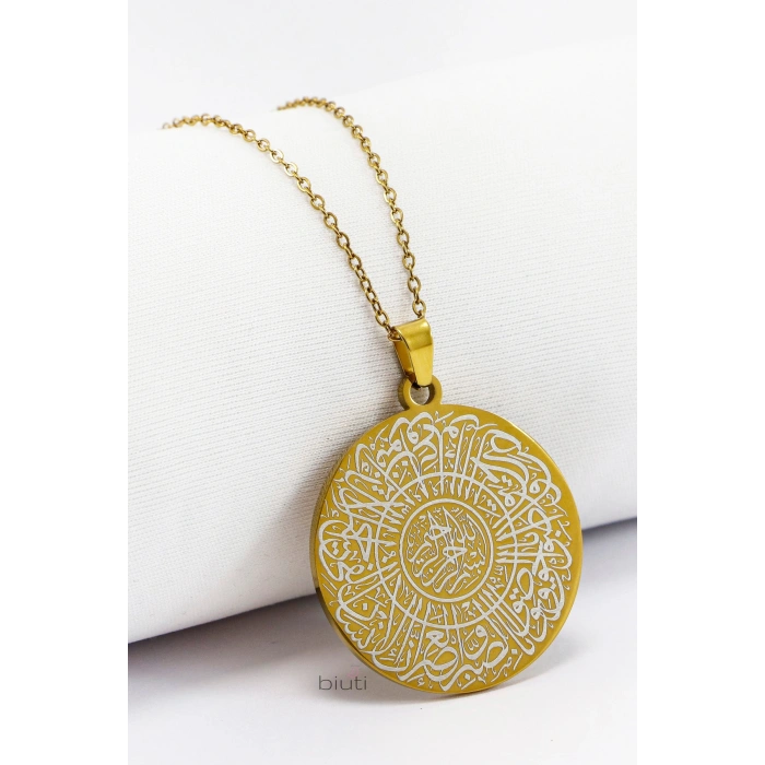 Paslanmaz Çelik Gold Renkli Çİft Taraflı Kolye Allah Lafzı Ayetel Kürsi İnşirah Suresi 3cm