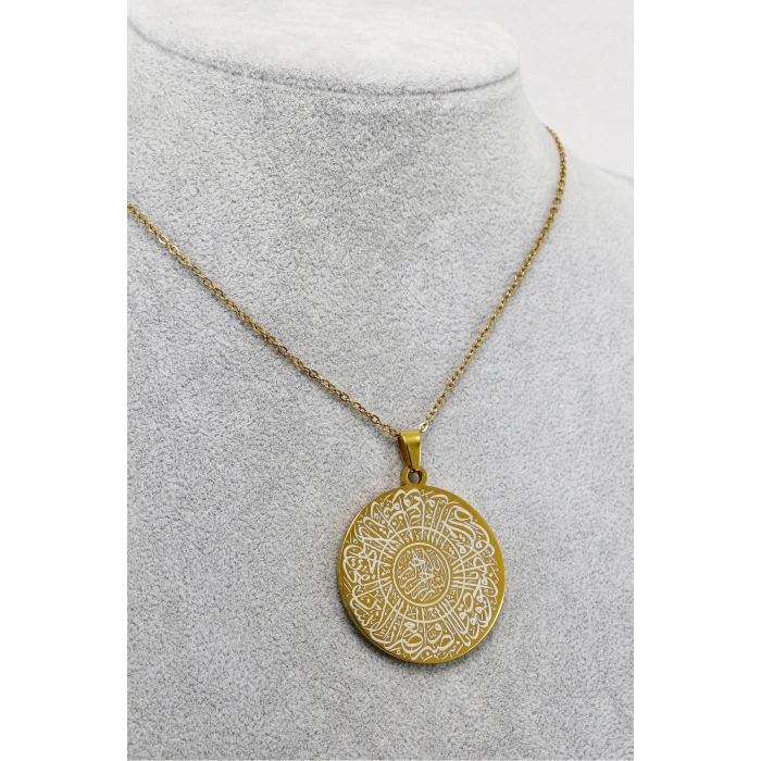 Paslanmaz Çelik Gold Renkli Çİft Taraflı Kolye Allah Lafzı Ayetel Kürsi İnşirah Suresi 3cm