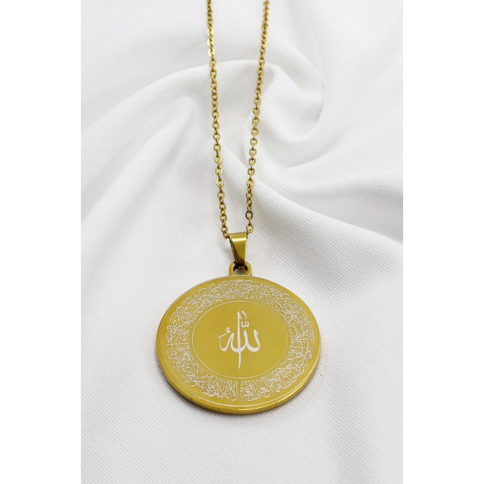 Paslanmaz Çelik Gold Renkli Çİft Taraflı Kolye Allah Lafzı Ayetel Kürsi İnşirah Suresi 3cm