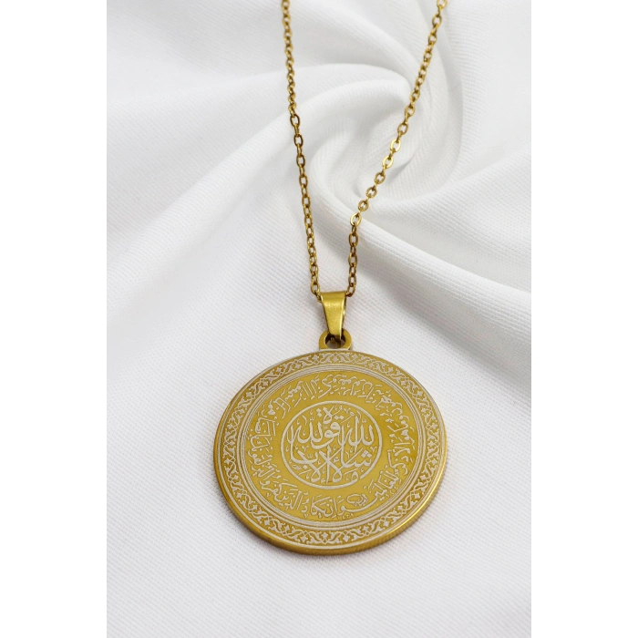 Paslanmaz 316L Gold Renkli Çelik Kolye Özel Hat Nazar Ayeti İnşirah Suresi 3cm