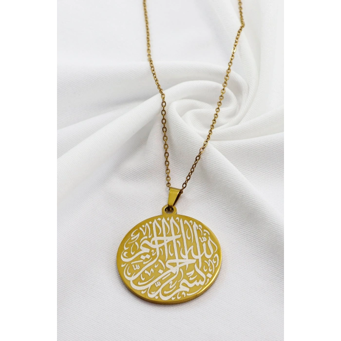 Paslanmaz 316L Gold Renkli Çelik Kolye Çift Taraflı İnşirah Suresi Besmele 3cm