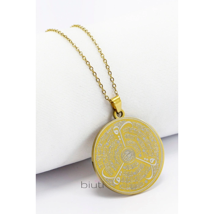 Gold 316L Çelik Kolye Lazer Kazıma Çift Yönlü İnşirah Suresi / Felak Nas İhlas 3cm