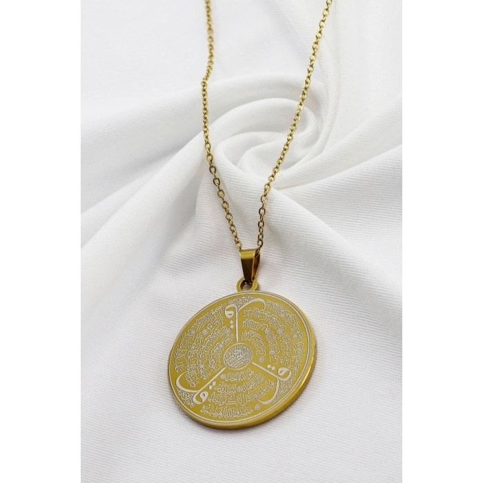Gold 316L Çelik Kolye Lazer Kazıma Çift Yönlü İnşirah Suresi / Felak Nas İhlas 3cm