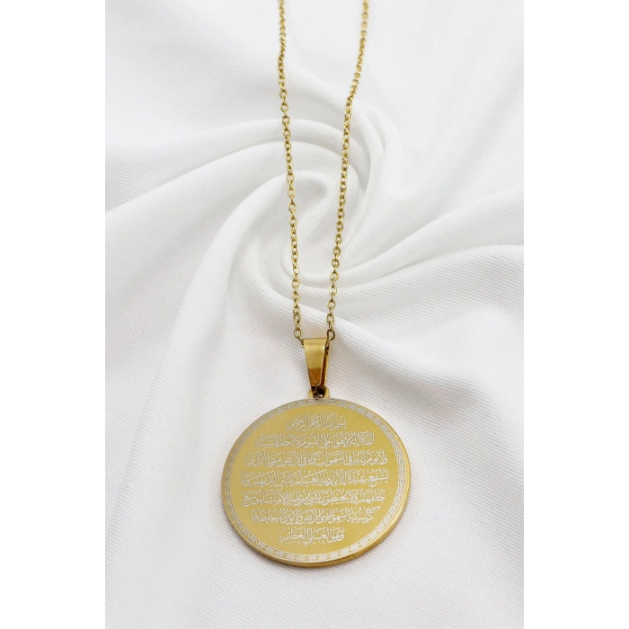 Gold 316L Çelik Kolye Lazer Kazıma Çift Yönlü İnşirah Suresi / Felak Nas İhlas 3cm