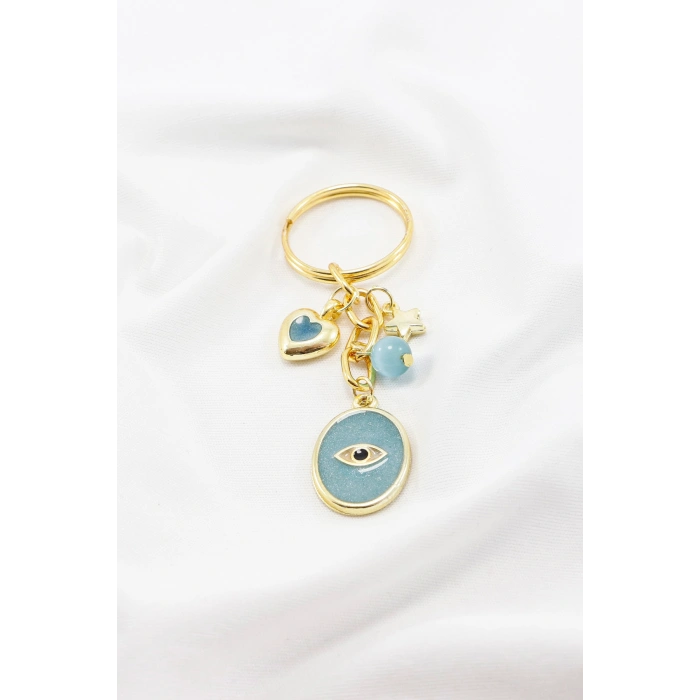 Kalpli Cam Göbeği Nazarlı Gold Renkli Metal Küçük Anahtarlık, Minik Çanta Süsü